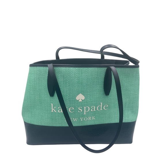 Kate Spade New York Handbags - Kate Spade New York Green Woven Straw Tote Bag Navy Blue Trim Large Bag TLZFXB